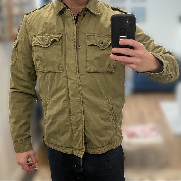 AEO Military Style Field Jacket Mens Medium Olive Green Cotton Blanket Lined - Picture 2 of 9